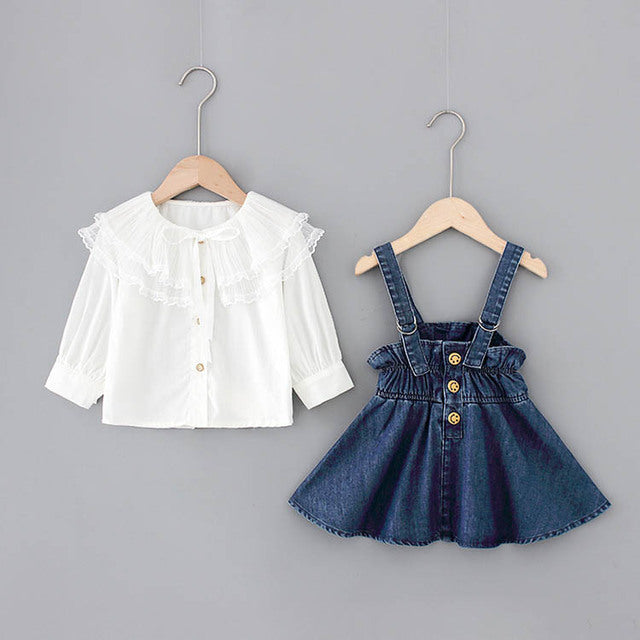 Lace Big Lapel Shirt with Denim Strap Dress
