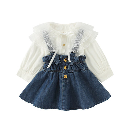 Lace Big Lapel Shirt with Denim Strap Dress
