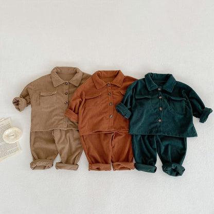 Spring And Autumn Infant Boys And Girls Baby Lapel Cardigan Coat Pants Corduroy Two-piece Set