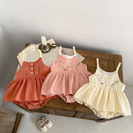 Princess-Style Sling Romper with Embroidered Skirt