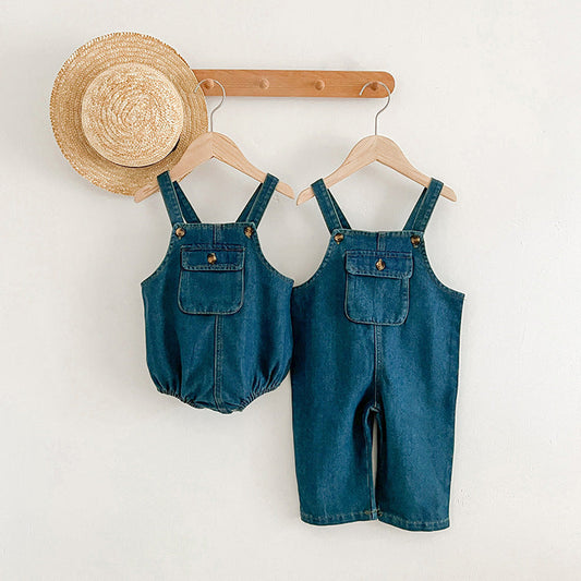 Hot Selling Summer Unisex Baby Denim Sleeveless Pocketed Overalls Romper And Strap Onesies-0