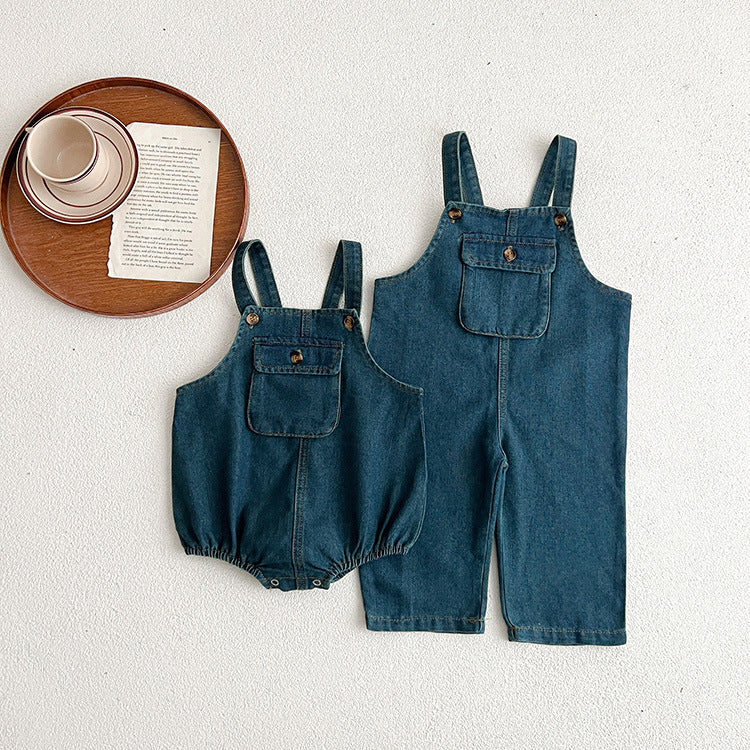 Hot Selling Summer Unisex Baby Denim Sleeveless Pocketed Overalls Romper And Strap Onesies-3