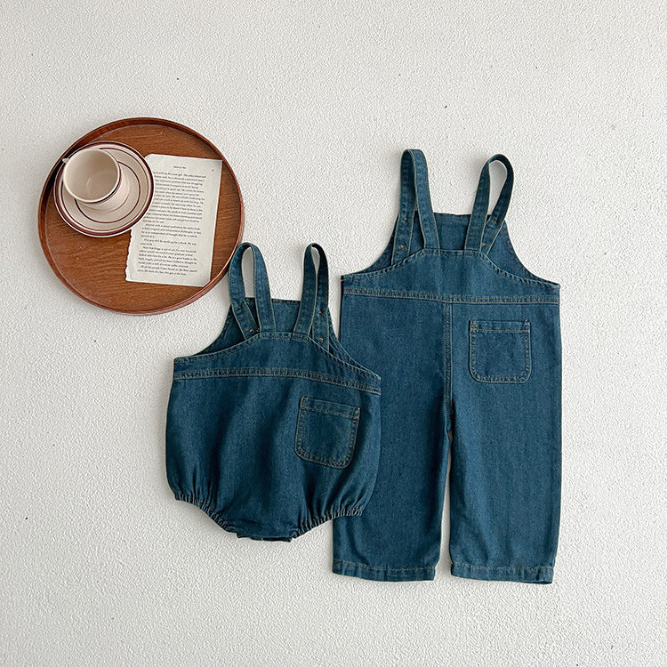 Hot Selling Summer Unisex Baby Denim Sleeveless Pocketed Overalls Romper And Strap Onesies-4