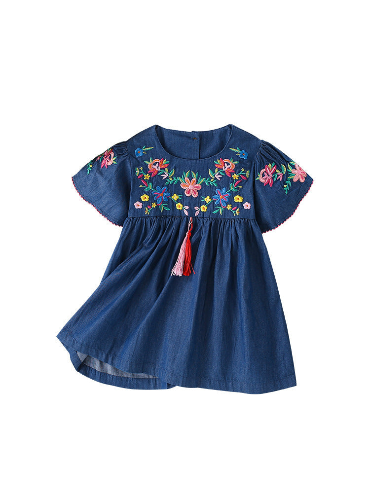 Summer New Design Girls’ Flowers Embroidery Pattern Crew Neck Short Sleeves Dress-1