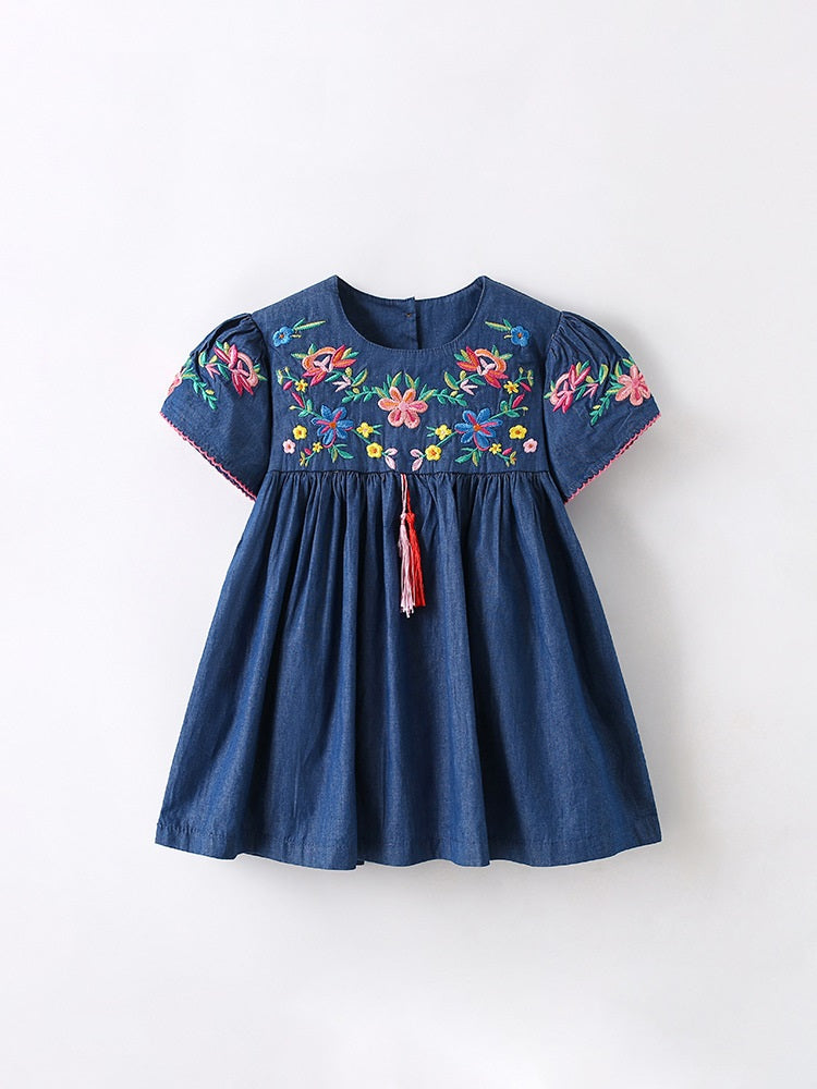 Summer New Design Girls’ Flowers Embroidery Pattern Crew Neck Short Sleeves Dress-0