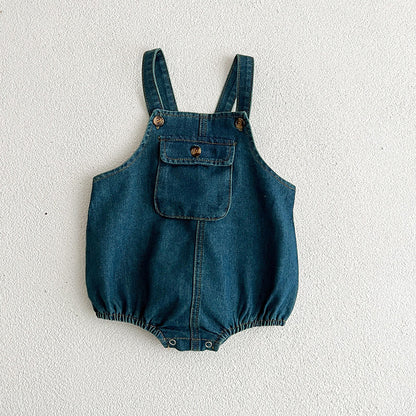 Hot Selling Summer Unisex Baby Denim Sleeveless Pocketed Overalls Romper And Strap Onesies-1